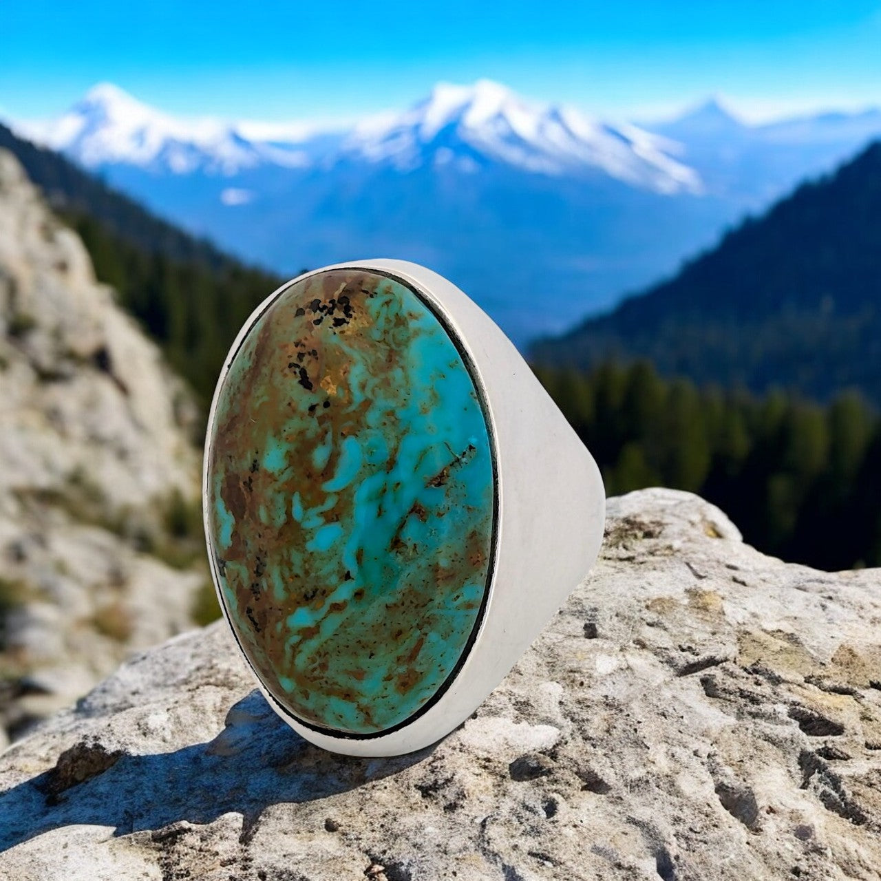 Casa Diablo | Handcrafted Sterling Silver Ring with Polychrome Kingman Turquoise Cabochon, Artisan Jewelry - Size 8.5