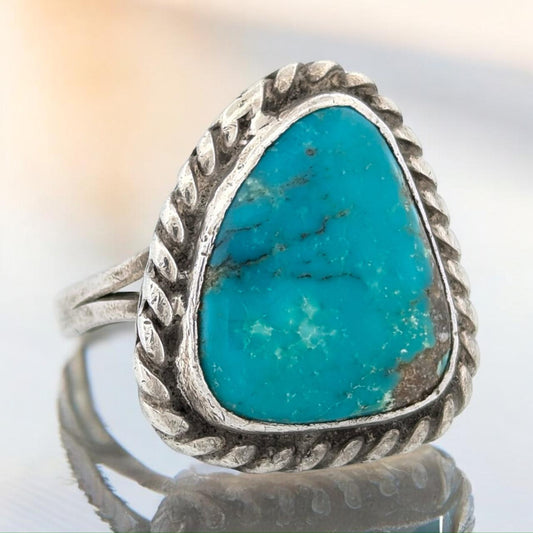 Stoney Creek | Vintage Sterling Silver Ring with Twisted Wire Motif and Bezel-Set Blue Turquoise, Size 6.5