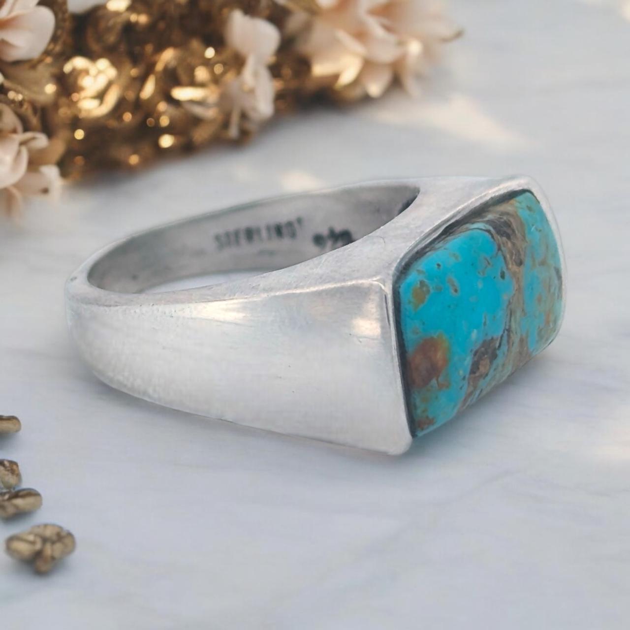 Rattler's Moon | Kingman Turquoise Square Signet Ring, High Polish Cast Design, Size 7