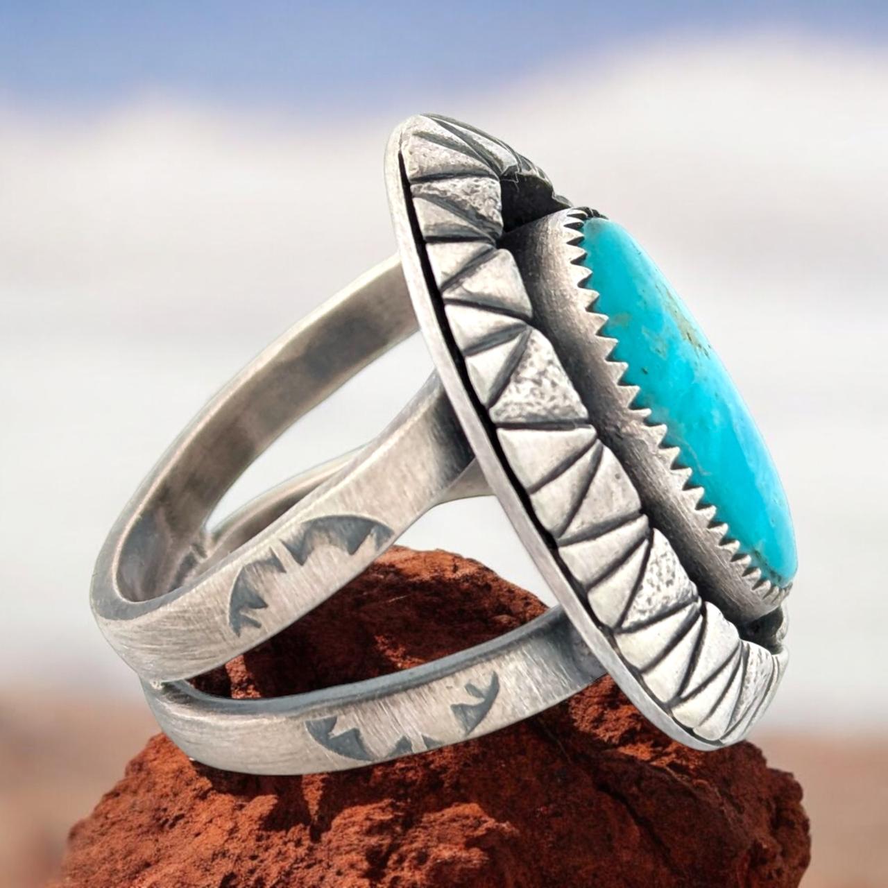 Ragged Hill | Hand Fabricated Ring with Shadowbox and Handstamped Linear Designs, Satin Finish, Size 8