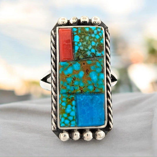 Calico Run | Handmade Sterling Silver Ring with Kingman Turquoise and Vintage Coral, Size 9