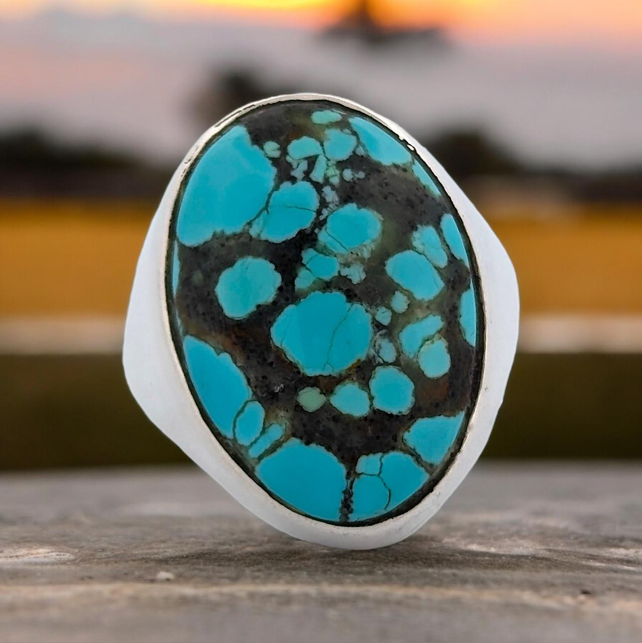 Virginia City | Handmade Sterling Silver Signet Ring with Number 8 Turquoise - Size 8.5