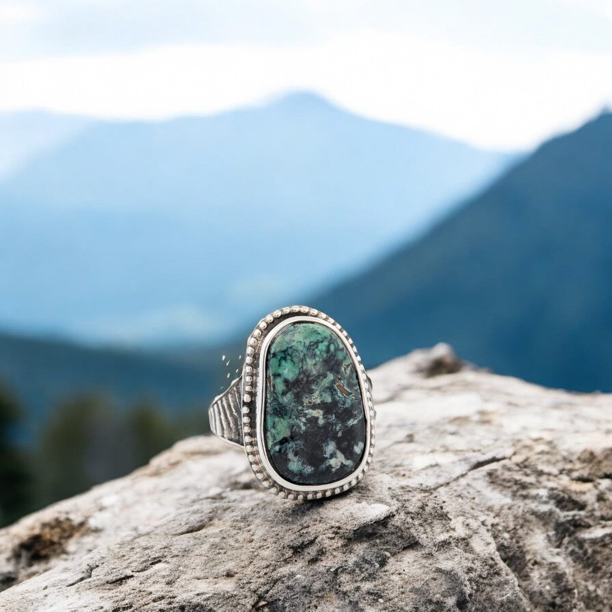 Silent Howl | Handmade Sterling Silver &  Neptune Variscite Ring with Cuttlefish Style Shank- Size 12