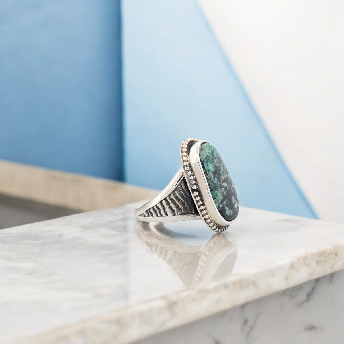 Silent Howl | Handmade Sterling Silver &  Neptune Variscite Ring with Cuttlefish Style Shank- Size 12