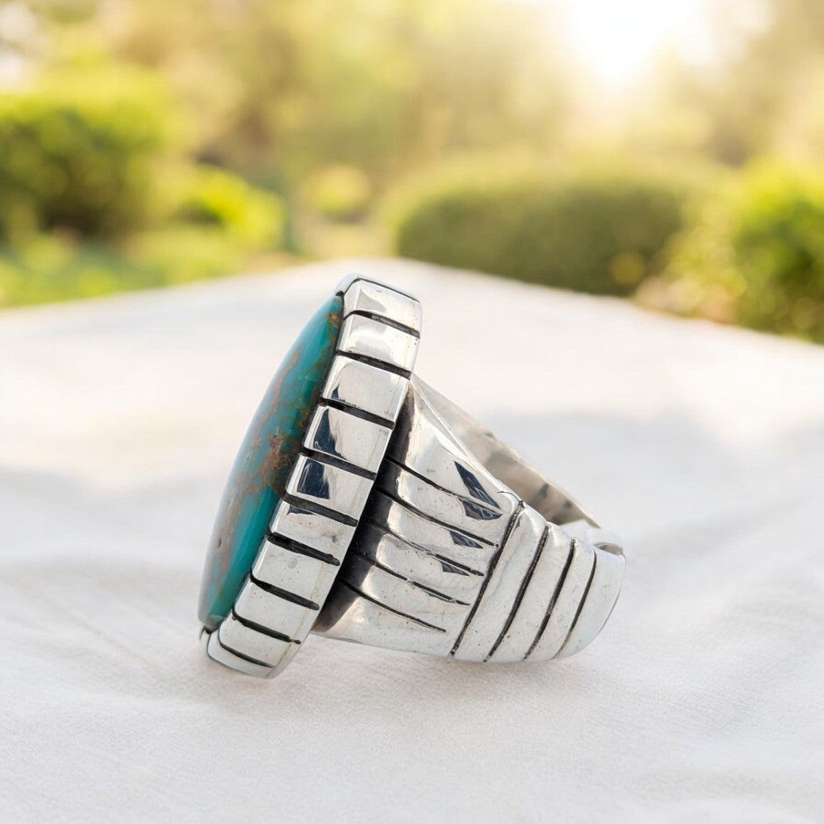 Windy Gates | Hand Fabricated Sterling Silver & Kingman Turquoise Castellated Bezel Ring - Size 12