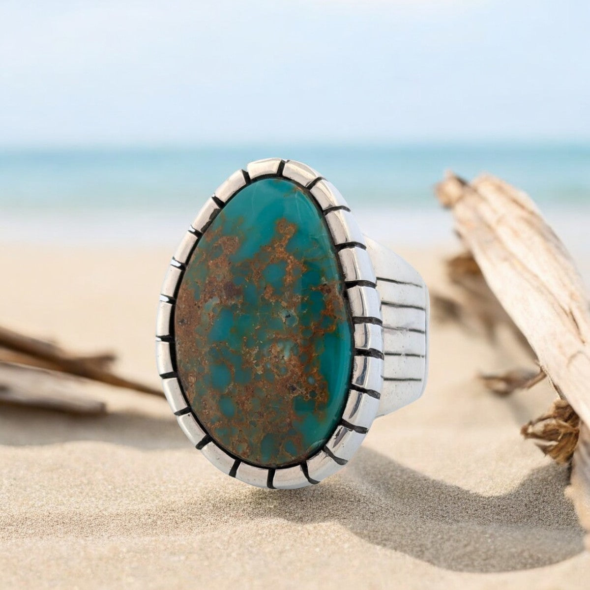 Windy Gates | Hand Fabricated Sterling Silver & Kingman Turquoise Castellated Bezel Ring - Size 12