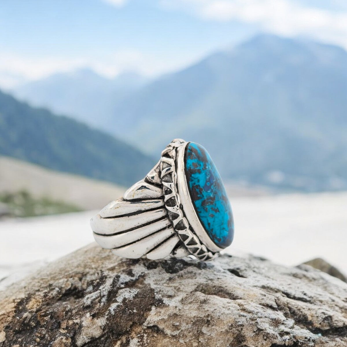 Vulture City | Hand Carved Sterling Silver Ring with Blue Bisbee Chrysocolla  - Size 10