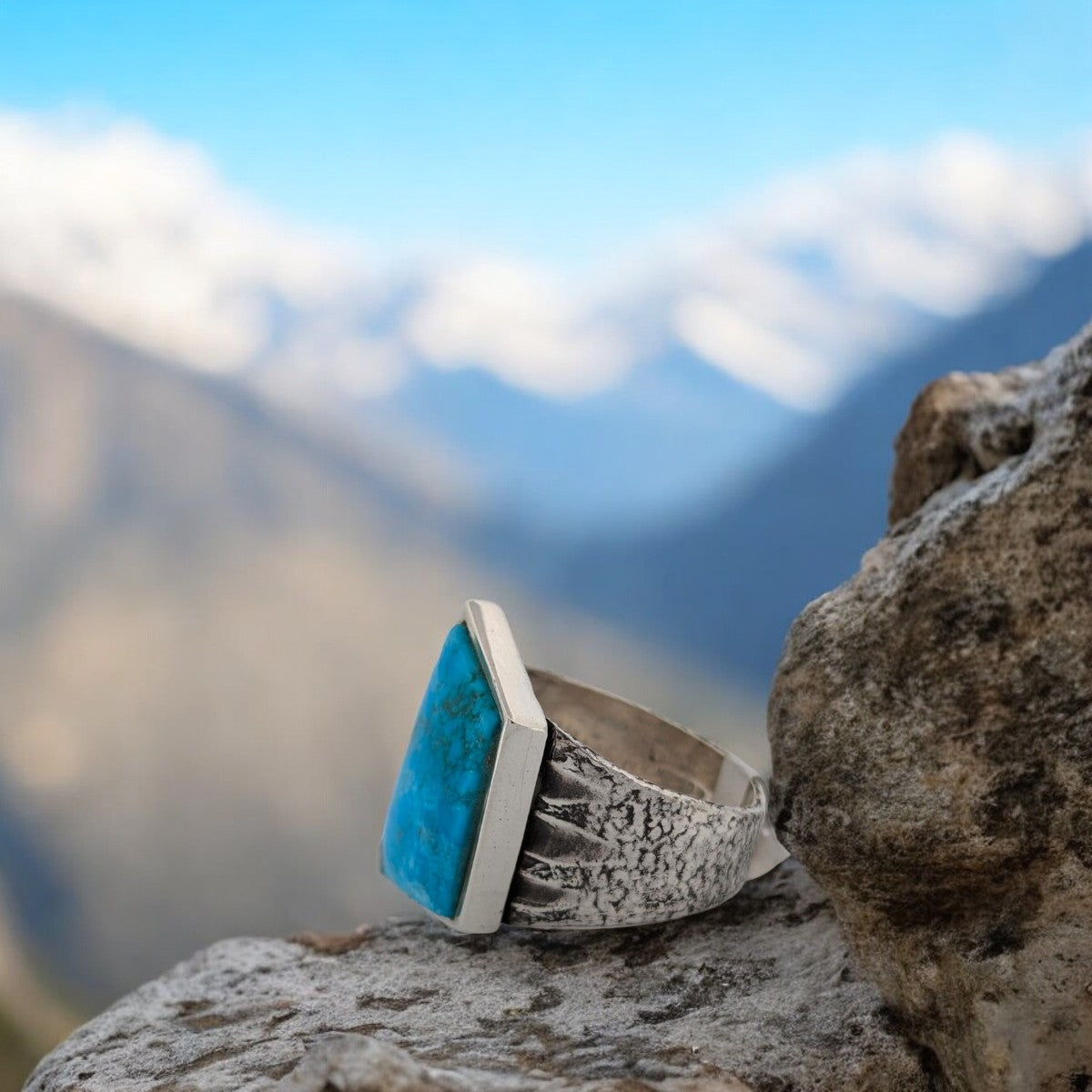 Runaway Eagle | Handmade Sterling Silver Tufa Cast Modern Ring with Asymmetrical Turquoise - Size 10