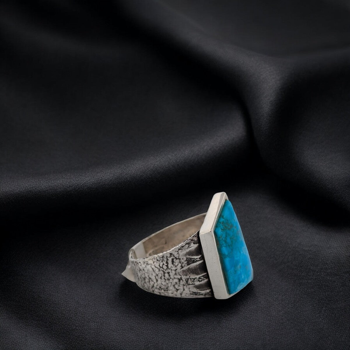 Runaway Eagle | Handmade Sterling Silver Tufa Cast Modern Ring with Asymmetrical Turquoise - Size 10