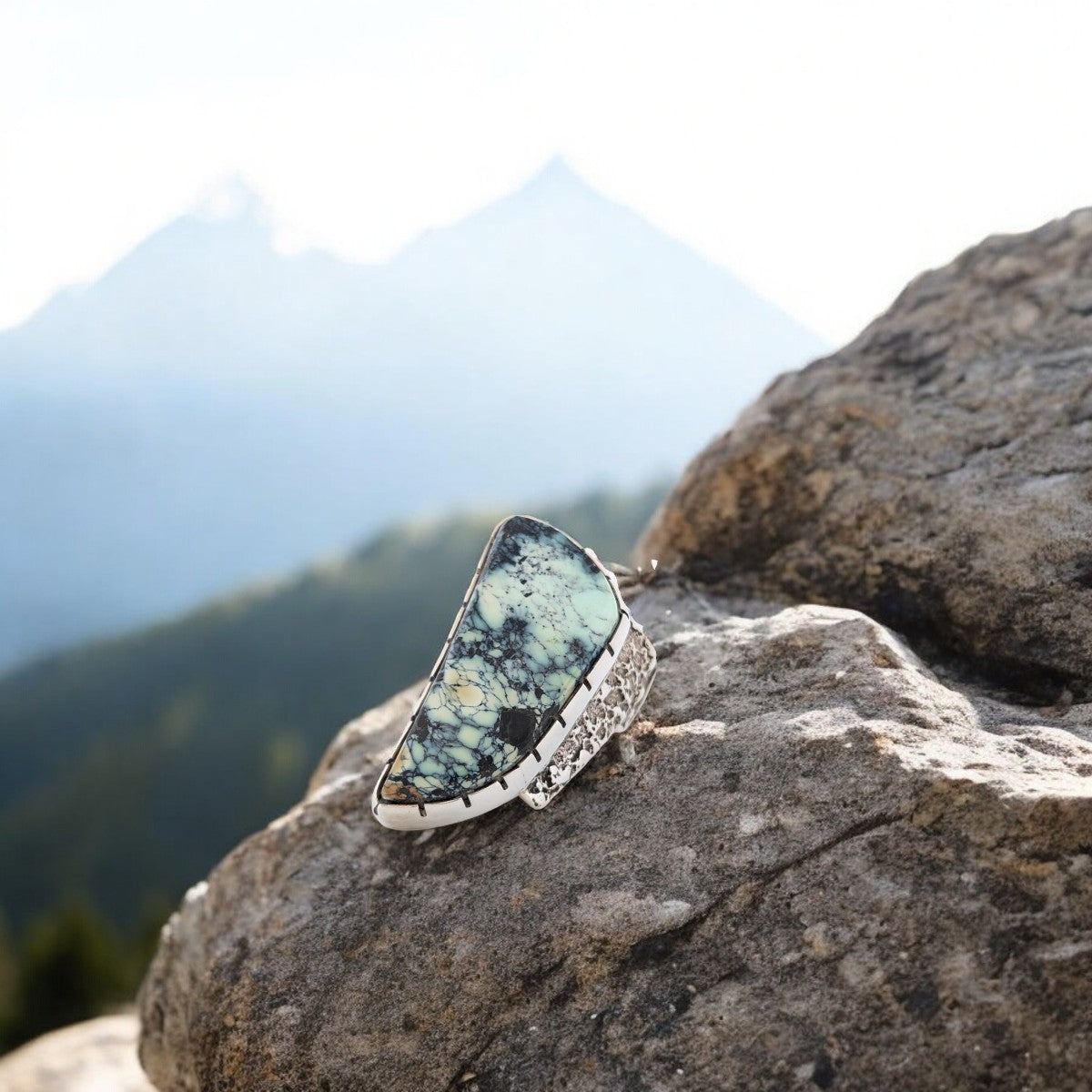 Bandera Gulch | Handmade Sterling Silver &  New Lander Turquoise Ring with Tufa Cast Shank - Size 8.75