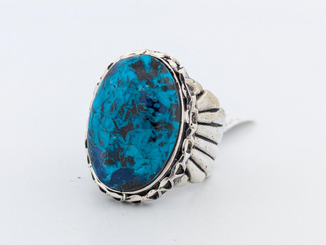 Vulture City | Hand Carved Sterling Silver Ring with Blue Bisbee Chrysocolla  - Size 10