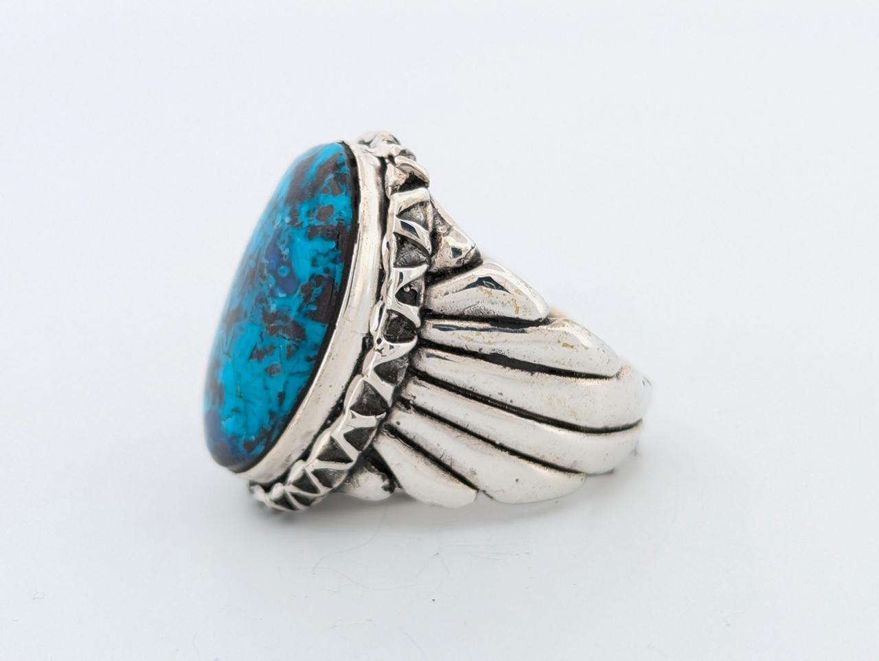 Vulture City | Hand Carved Sterling Silver Ring with Blue Bisbee Chrysocolla  - Size 10