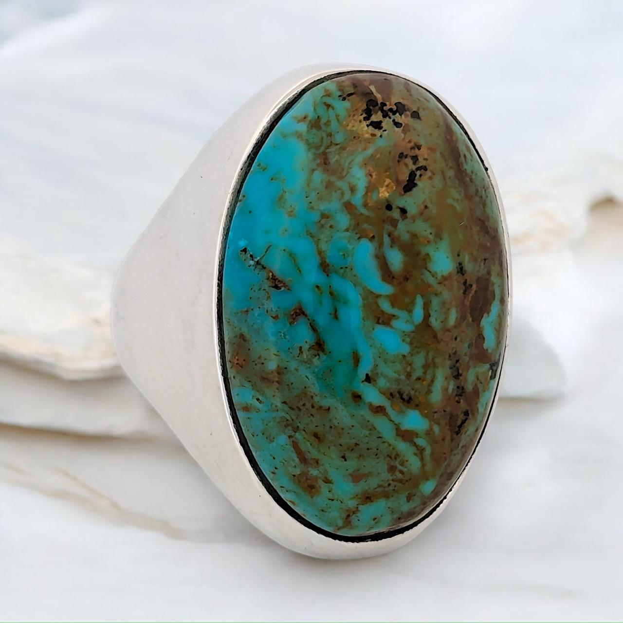 Casa Diablo | Handcrafted Sterling Silver Ring with Polychrome Kingman Turquoise Cabochon, Artisan Jewelry - Size 8.5