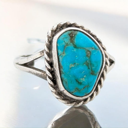 Rocky Springs | Vintage Sterling Silver Ring with Twisted Wire Motif and Bezel Set Blue Turquoise, Size 7