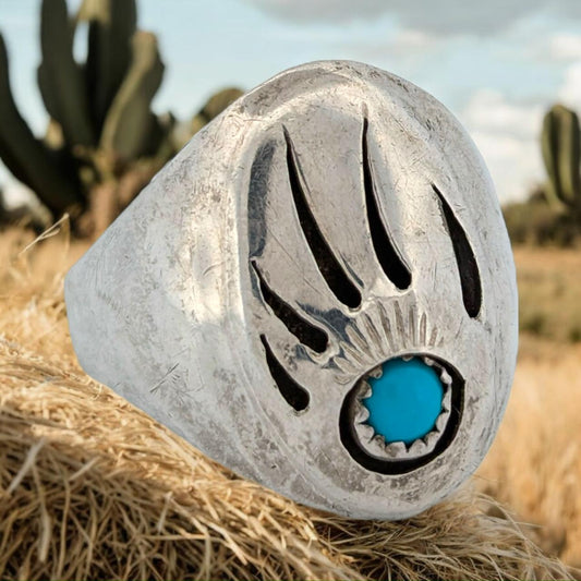 Miner's Delight Vintage Sterling Silver Bear Claw Ring with Turquoise Cabochon | Unique Artisan Jewelry - Size 14.25