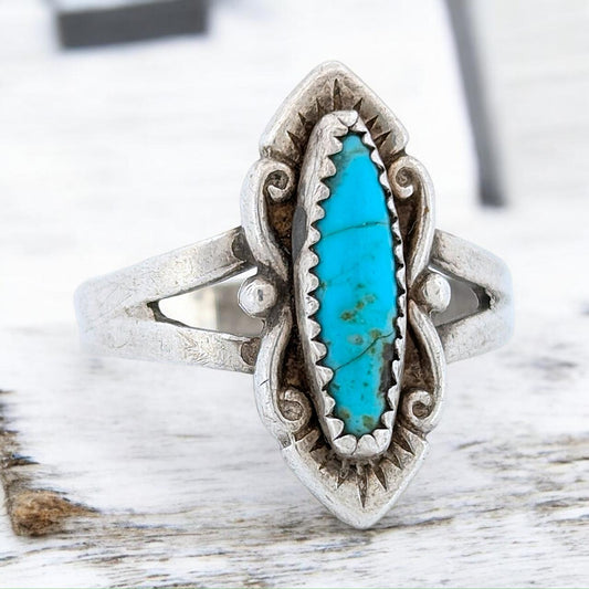 Bitter Creek | Vintage Sterling Silver Ring with Split Shank, Elongated Stamped Top, Decorative Design, and Blue Turquoise, Size 8