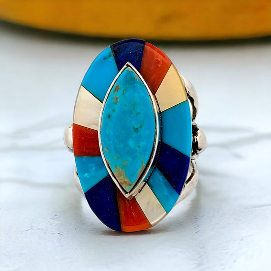 Coyote Canyon | Sterling Silver Ring with Multi-Stone Inlay by Robert Drozd - Size 5.5