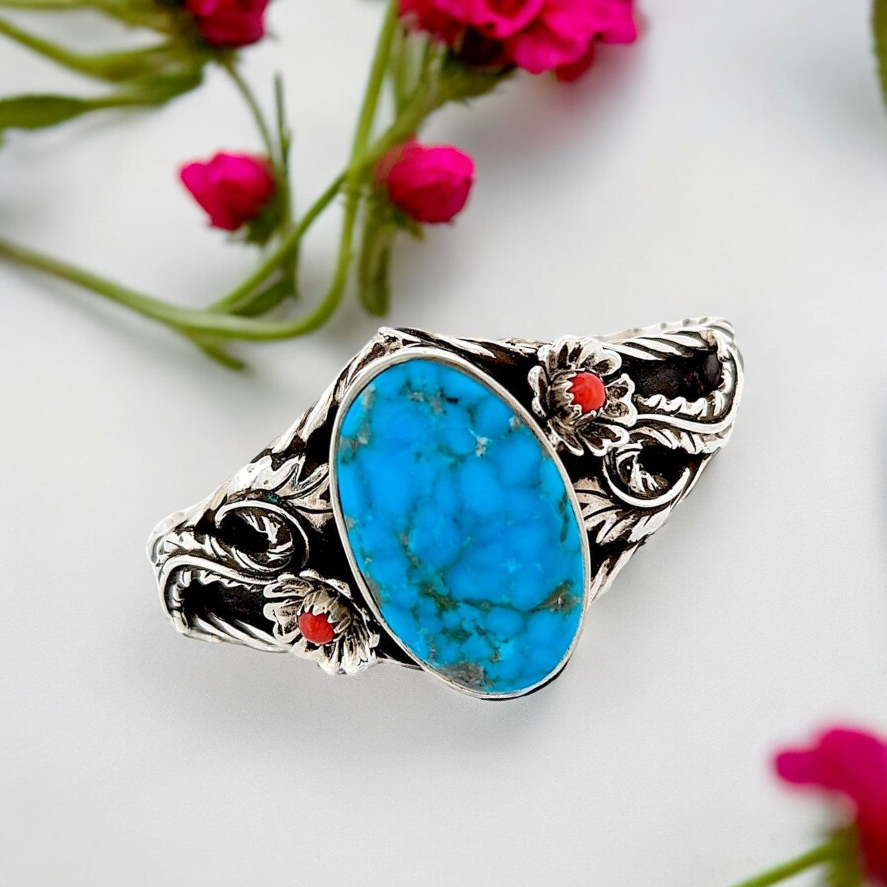 Dry Gulch | Sterling Silver Cuff Bracelet by Robert Drozd-Blue American Turquoise, and Coral