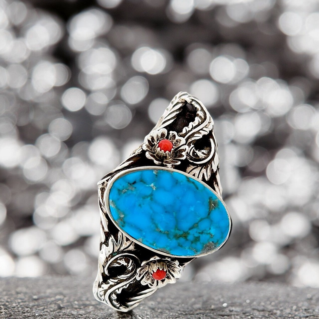 Dry Gulch | Sterling Silver Cuff Bracelet by Robert Drozd-Blue American Turquoise, and Coral