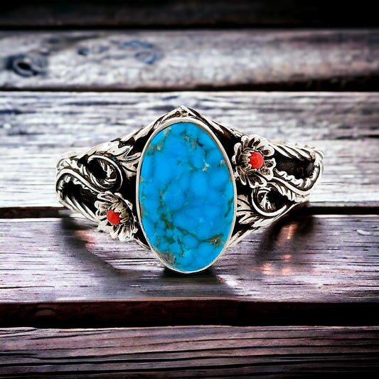 Dry Gulch | Sterling Silver Cuff Bracelet by Robert Drozd-Blue American Turquoise, and Coral