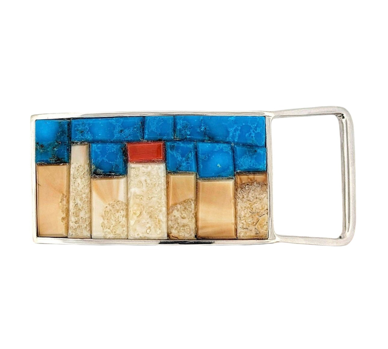 Prospector's Strike | Sterling Silver Buckle with Hand-Cut Cobblestone Inlay of Turquoise, Bone, Coral Stones – Fits 1" Belt