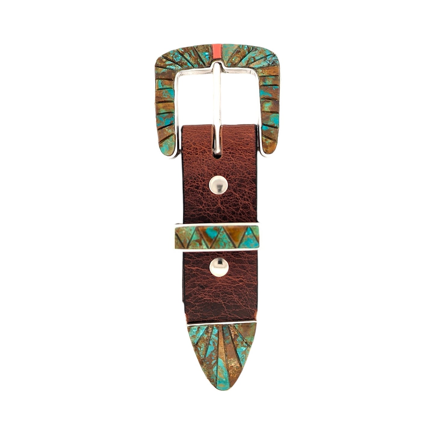 Rocky Dales | Handmade Sterling Silver Ranger Belt Buckle with Turquoise and Coral Inlay – Fits 1.5" Belt