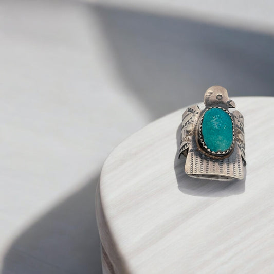 Alamo | New Sterling Silver and Turquoise Thunderbird Ring Handstamped by Navajo Artist Gabrielle Yazzie