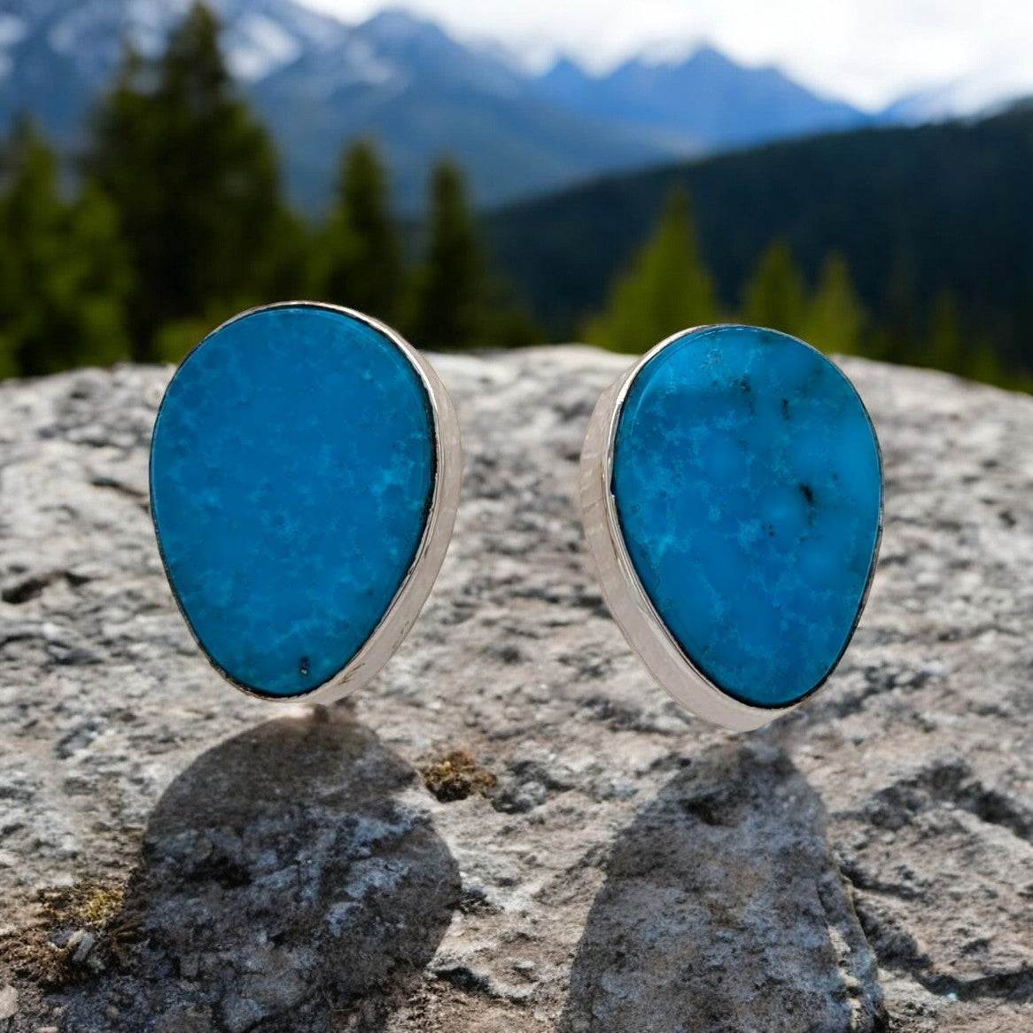 Lone Rock | Hand Fabricated Sterling Silver Kingman Turquoise Omega Back Earrings | Artisan Jewelry