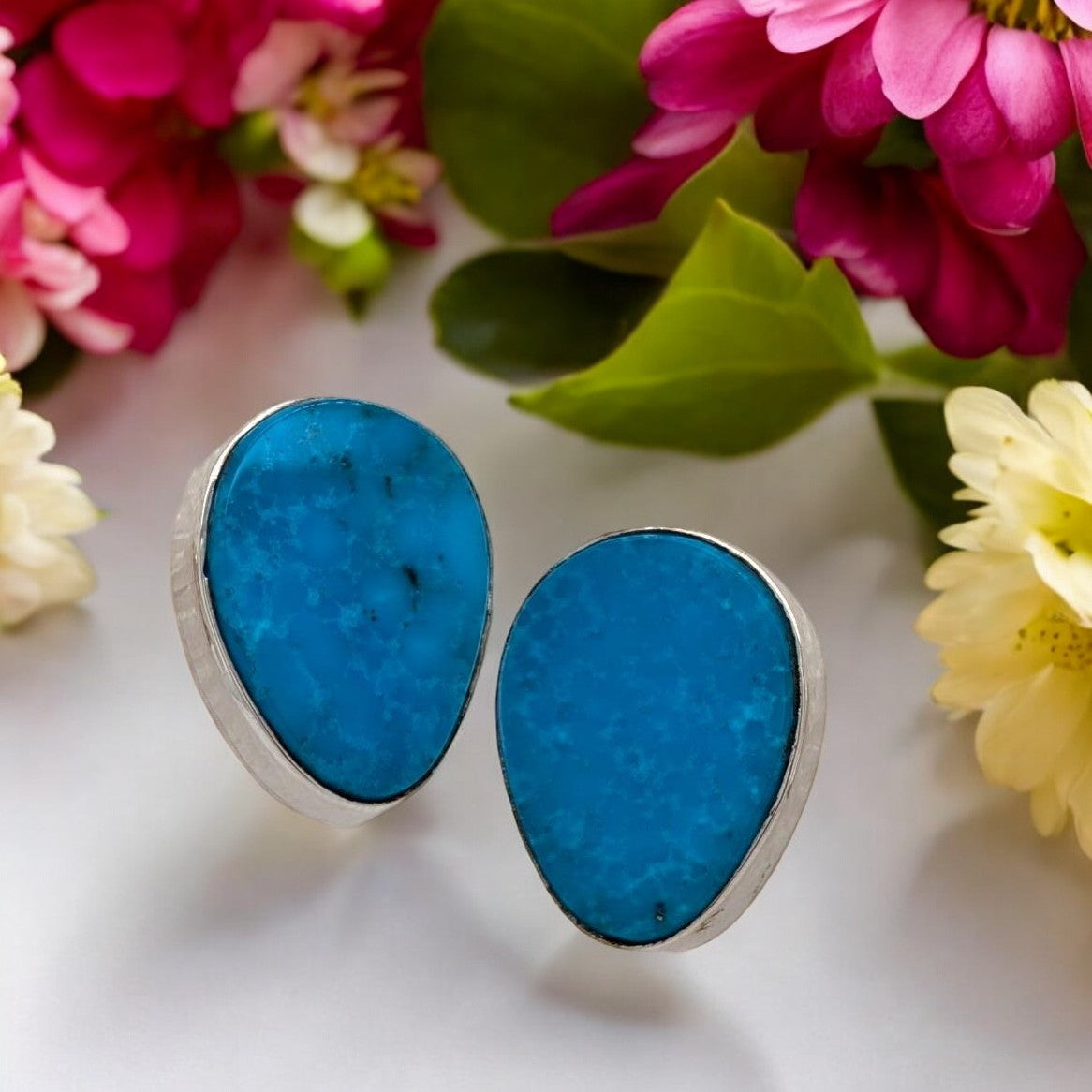 Lone Rock | Hand Fabricated Sterling Silver Kingman Turquoise Omega Back Earrings | Artisan Jewelry