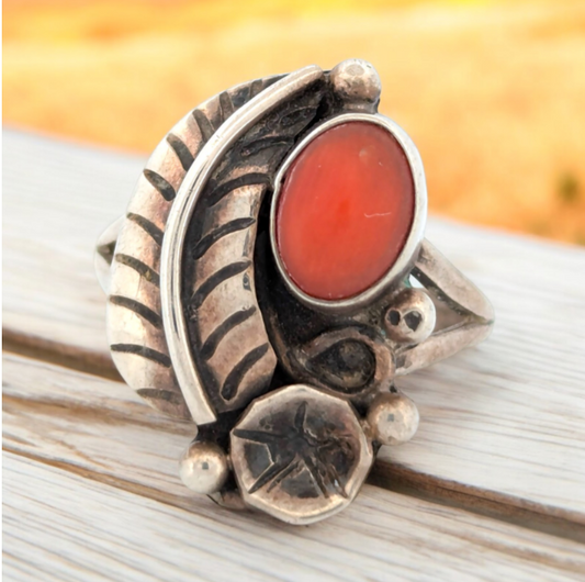 Riverbend Mesa | Vintage Sterling Silver Ring with Coral Stone, Signed "GP"