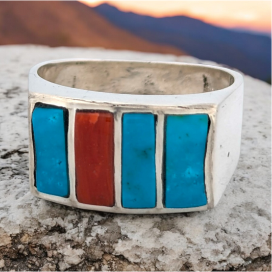 Brimstone Canyon | Handmade Ring with Three Inlaid Kingman Turquoise Stones and Coral