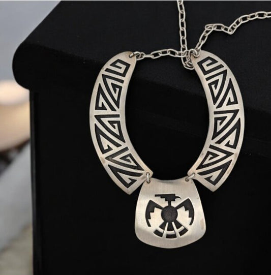 Iron Harry | Sterling Silver Overlay Thunderbird Necklace with Elongated Links, Half Moon Stamp on Back