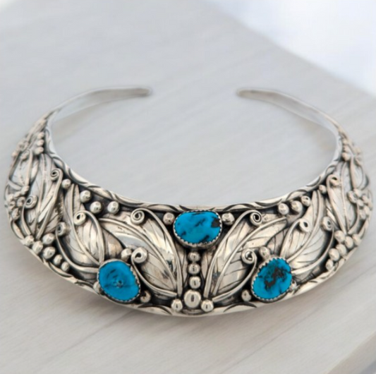 Copperhead Creek | Vintage Sterling Silver Handmade Neck Torc with Three Blue Cabochon Turquoise