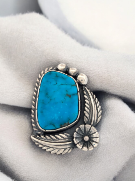 Cowboy's Gulch | Handmade Sterling Silver Ring - Blue Turquoise with Leaf & Flower Accents (Size 13)