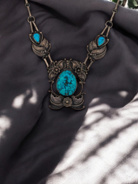 Apache Junction | Vintage Sterling Silver Turquoise Necklace with Leaves and Flowers by RJ Blatz (20")