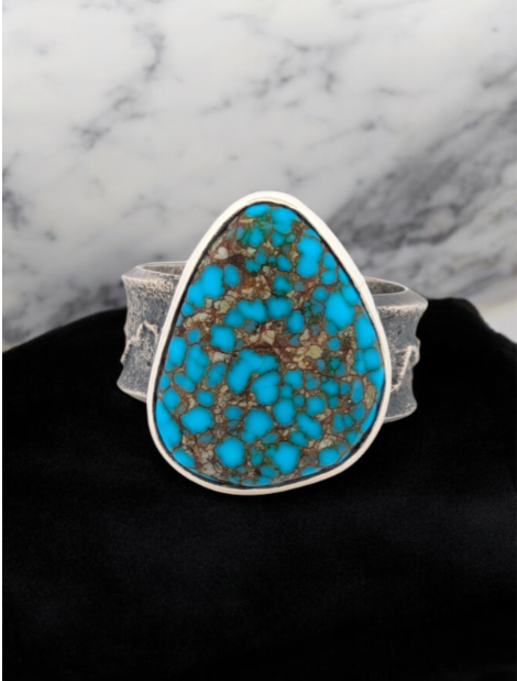 River Run | Sterling Silver Handmade Ring with Tufa Cast Shank and Geometric Turquoise Cabochon (Size 14)