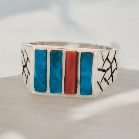 Payson Way | Sterling Silver Ring with Turquoise and Coral (Size 9.5)