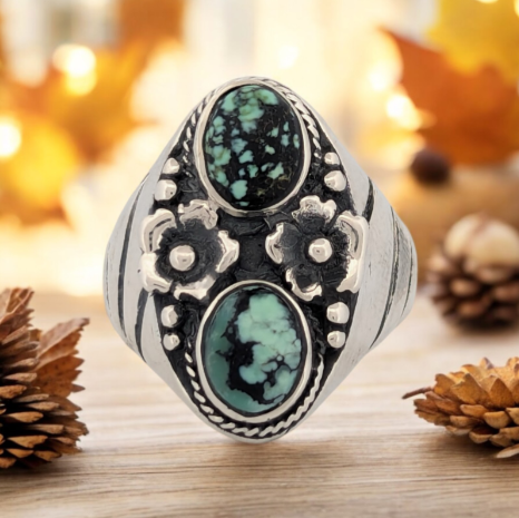 Outlaw's Trail | Handmade Sterling Silver Ring with Green Variscite and Flower Accents (Size 10)