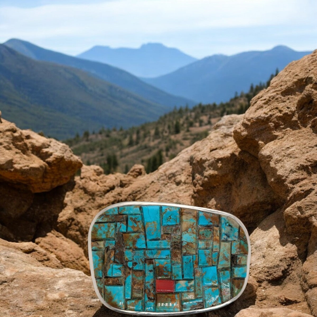 WildTooth Summit | New Sterling Silver and Turquoise Cobblestone Inlay Belt Buckle