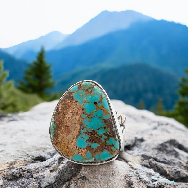 Eureka Springs | Hand Fabricated Sterling Silver Ring With Stamped Shank and Kingman Turquoise - Size 7