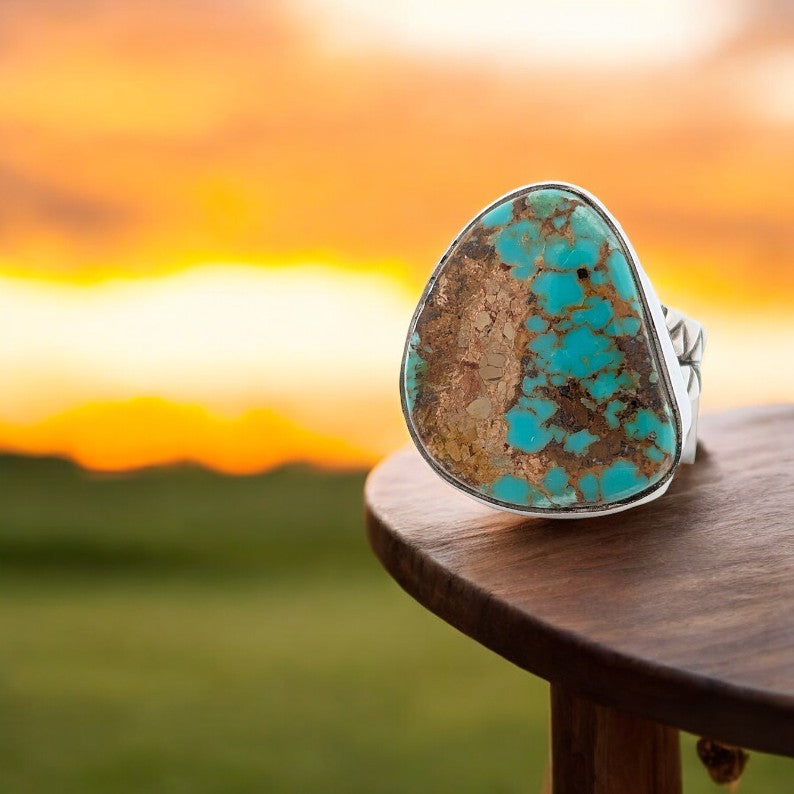 Eureka Springs | Hand Fabricated Sterling Silver Ring With Stamped Shank and Kingman Turquoise - Size 7