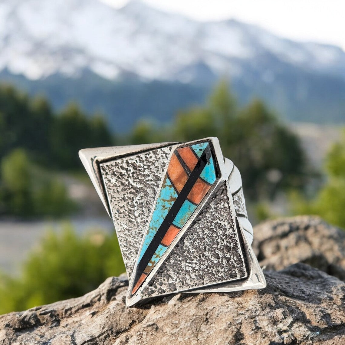 Grizzly Rose | Handmade Sterling Silver Tufa Cast Modern Ring with Turquoise Intarsia Ring - Size 11