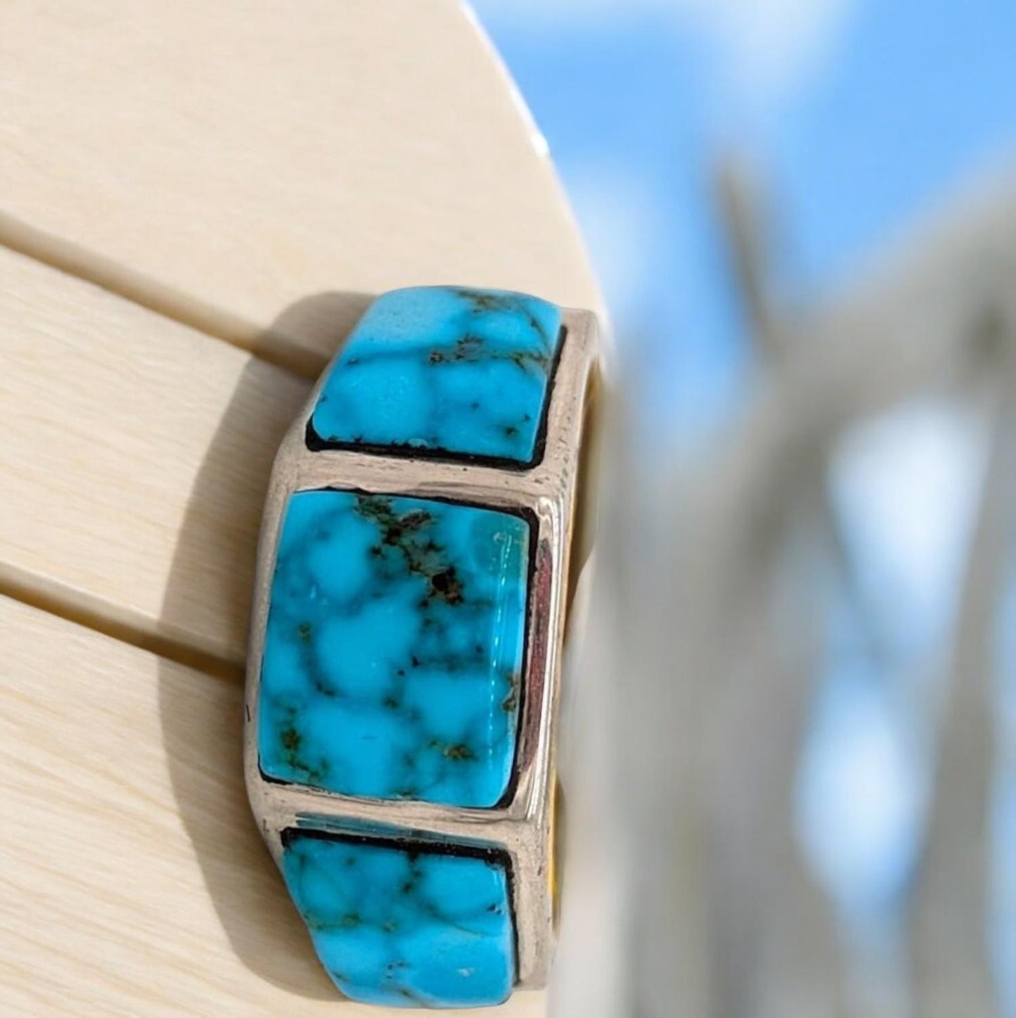 RedVale Sterling | Silver Three Stone Ring with Blue Kingman Turquoise by Rob Sherman - Size 7