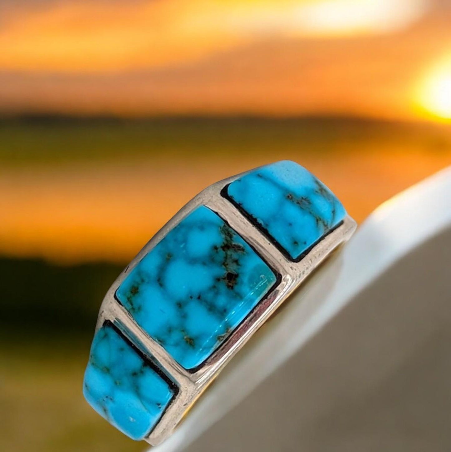 RedVale Sterling | Silver Three Stone Ring with Blue Kingman Turquoise by Rob Sherman - Size 7