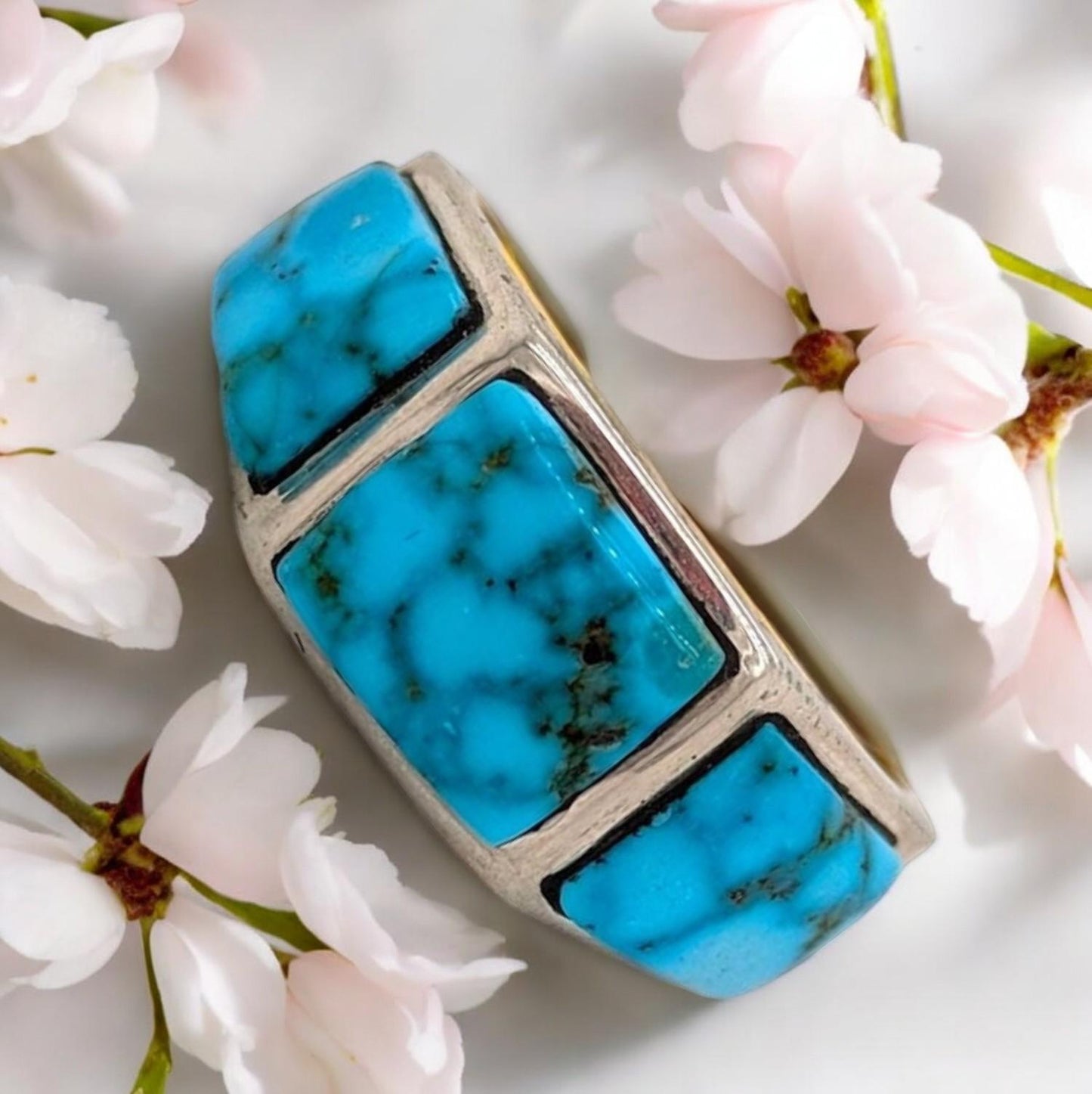 RedVale Sterling | Silver Three Stone Ring with Blue Kingman Turquoise by Rob Sherman - Size 7