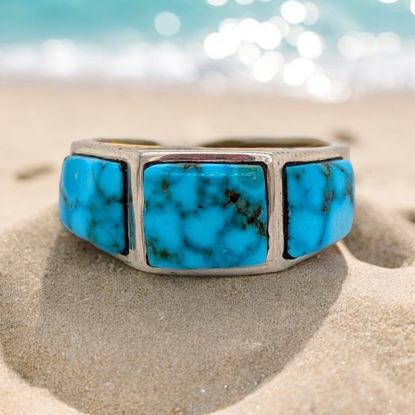 RedVale Sterling | Silver Three Stone Ring with Blue Kingman Turquoise by Rob Sherman - Size 7