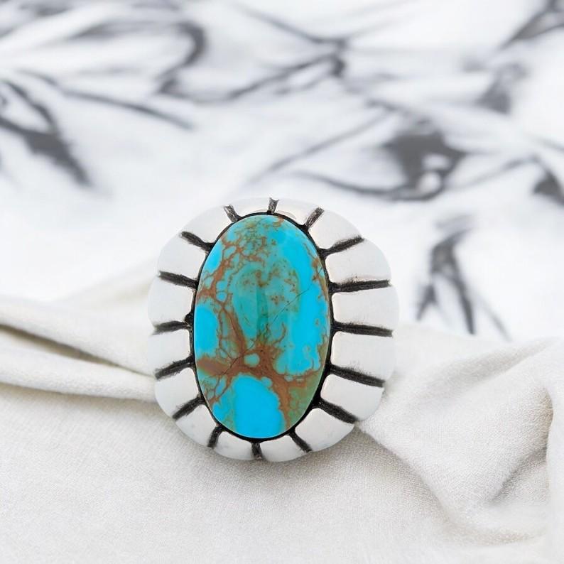 Liberty Point | Hand Carved Sterling Silver Ring with Blue Kingman Turquoise  - Size 8