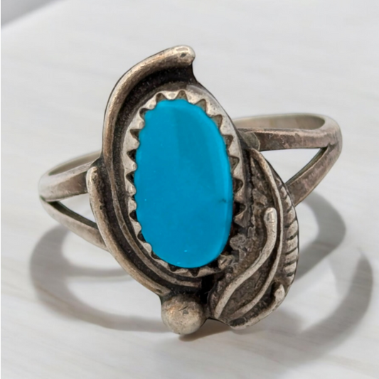 Lone Star | Vintage Handmade Sterling Silver Ring With Feather Accent And Blue Turquoise Stone. Ring Size 5.5