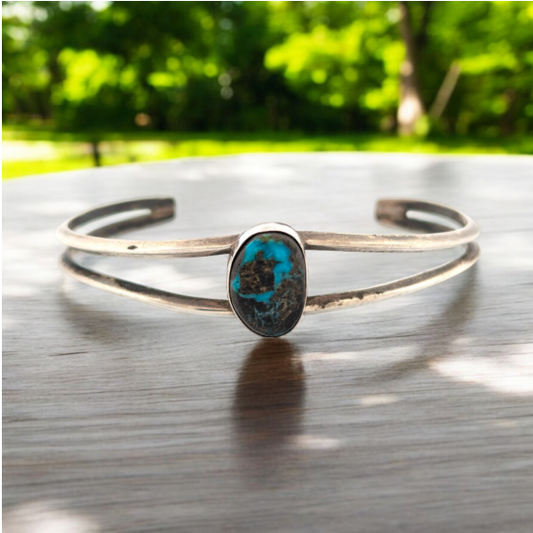 Comanche's Way | Vintage Sterling Silver Cuff Bracelet With Double Square Cut Arms And Center Turquoise