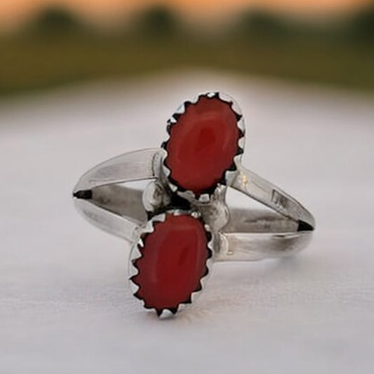 Quail Crossing | Handmade Sterling Silver Ring with Double Coral Cabochons by Navajo Artist Harris Largo